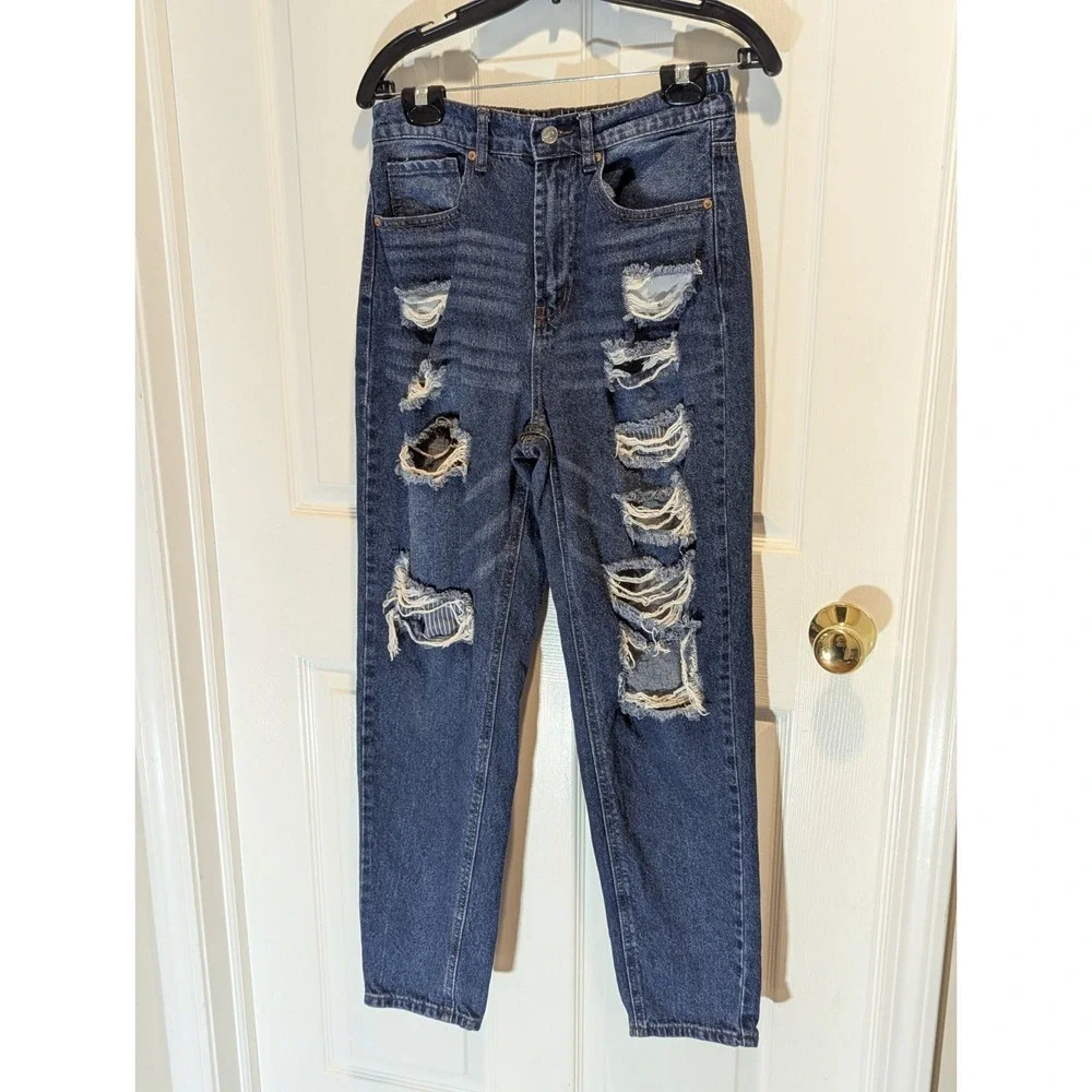 Y2K Grunge Distressed Mom Jeans High Rise Medium Wash Denim Size M